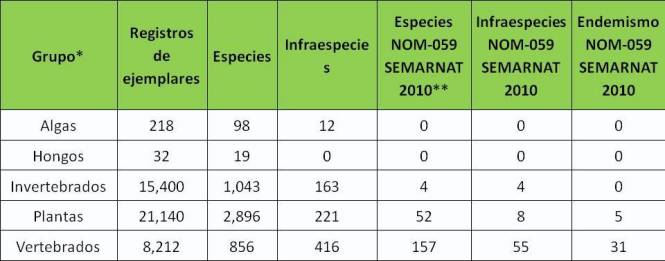 Fuente: Sistema Nacional de Información sobre Biodiversidad, CONABIO. Análisis realizado en marzo de 2012.